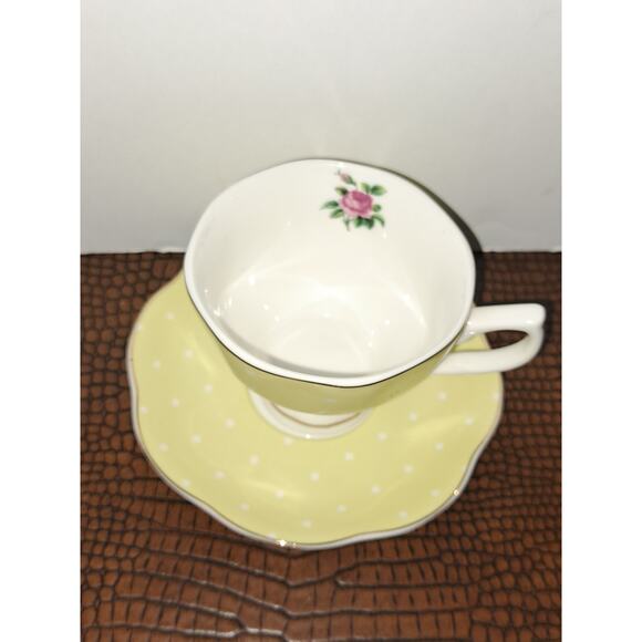 Brew to A Tea Pink Yellow Polka Dot Rose & Gold Trim Cup & Saucer - Picture 2 of 5